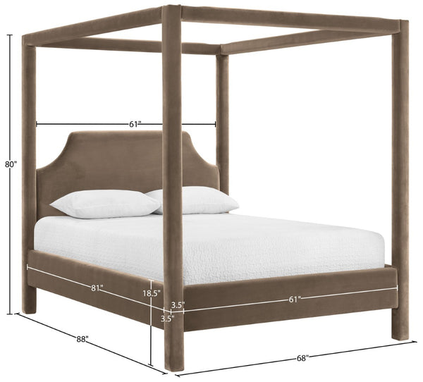 Meridian Furniture Dawson Art Deco Canopy Queen Bed Sculpted Arches and Plush Velvet Upholstery for Bedrooms Taupe DawsonTaupe-Q