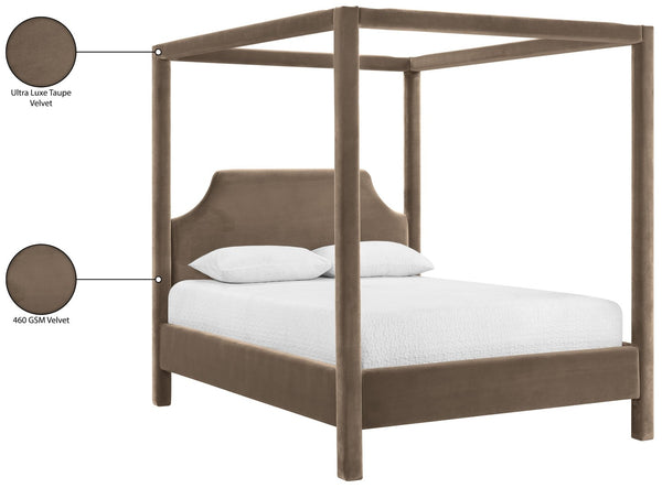 Meridian Furniture Dawson Art Deco Canopy Queen Bed Sculpted Arches and Plush Velvet Upholstery for Bedrooms Taupe DawsonTaupe-Q
