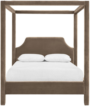 Meridian Furniture Dawson Art Deco Canopy Queen Bed Sculpted Arches and Plush Velvet Upholstery for Bedrooms Taupe DawsonTaupe-Q