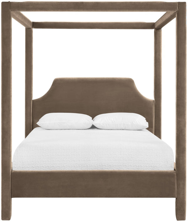 Meridian Furniture Dawson Art Deco Canopy Queen Bed Sculpted Arches and Plush Velvet Upholstery for Bedrooms Taupe DawsonTaupe-Q