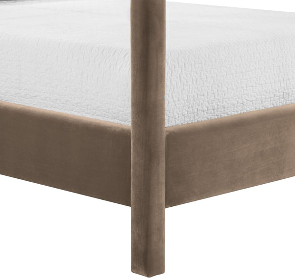 Meridian Furniture Dawson Art Deco Canopy Queen Bed Sculpted Arches and Plush Velvet Upholstery for Bedrooms Taupe DawsonTaupe-Q