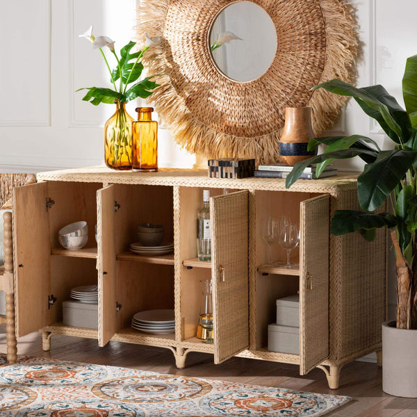 Bali & Pari Delilah Handwoven Rattan Buffet with Mahogany Frame and Eight Interior Shelves