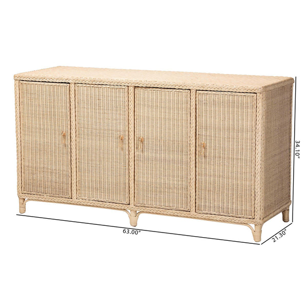 Bali & Pari Delilah Handwoven Rattan Buffet with Mahogany Frame and Eight Interior Shelves
