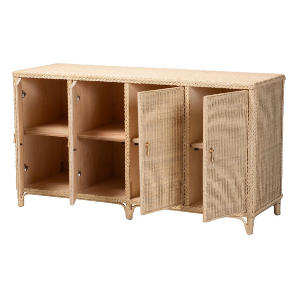 Bali & Pari Delilah Handwoven Rattan Buffet with Mahogany Frame and Eight Interior Shelves
