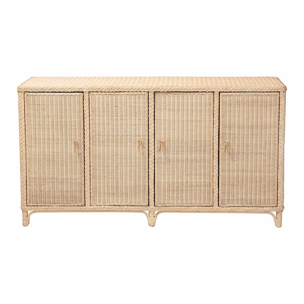 Bali & Pari Delilah Handwoven Rattan Buffet with Mahogany Frame and Eight Interior Shelves