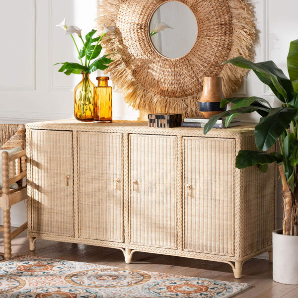 Bali & Pari Delilah Handwoven Rattan Buffet with Mahogany Frame and Eight Interior Shelves