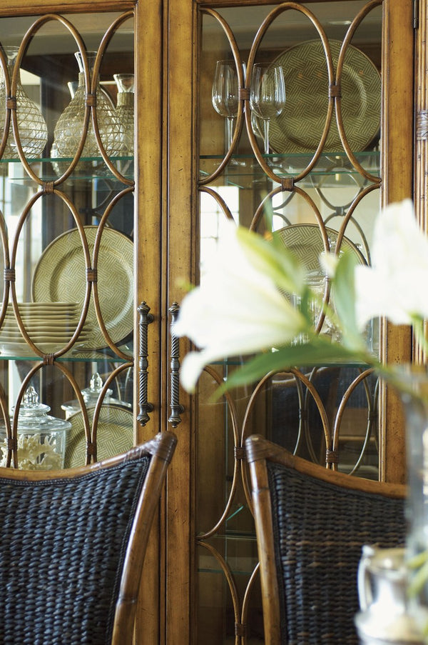 Lexington Tommy Bahama Home Mariana Display Cabinet – Elegant Island-inspired Design With Glass Shelves, Bamboo Fretwork & Lighting Plantation  531-864