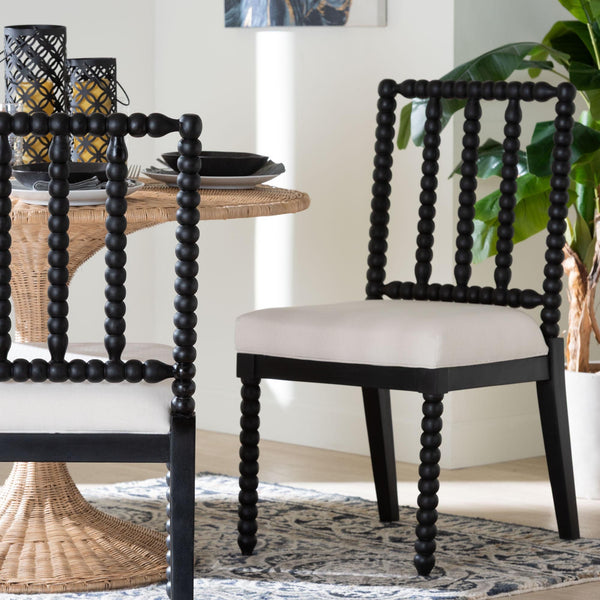 Bali & Pari Deya Mahogany Wood Spindle Back Dining Chair with Padded Upholstered Fabric Seat
