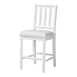 Baxton Studio Bali & Pari Deya Bobbin Counterstool Solid Mahogany Spindle Frame Upholstered Kitchen Seat White Deya-White Wooden-CS