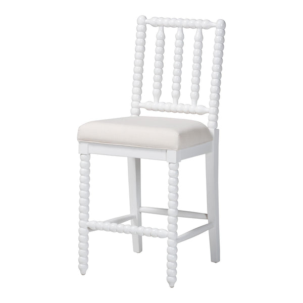 Baxton Studio Bali & Pari Deya Bobbin Counterstool Solid Mahogany Spindle Frame Upholstered Kitchen Seat White Deya-White Wooden-CS