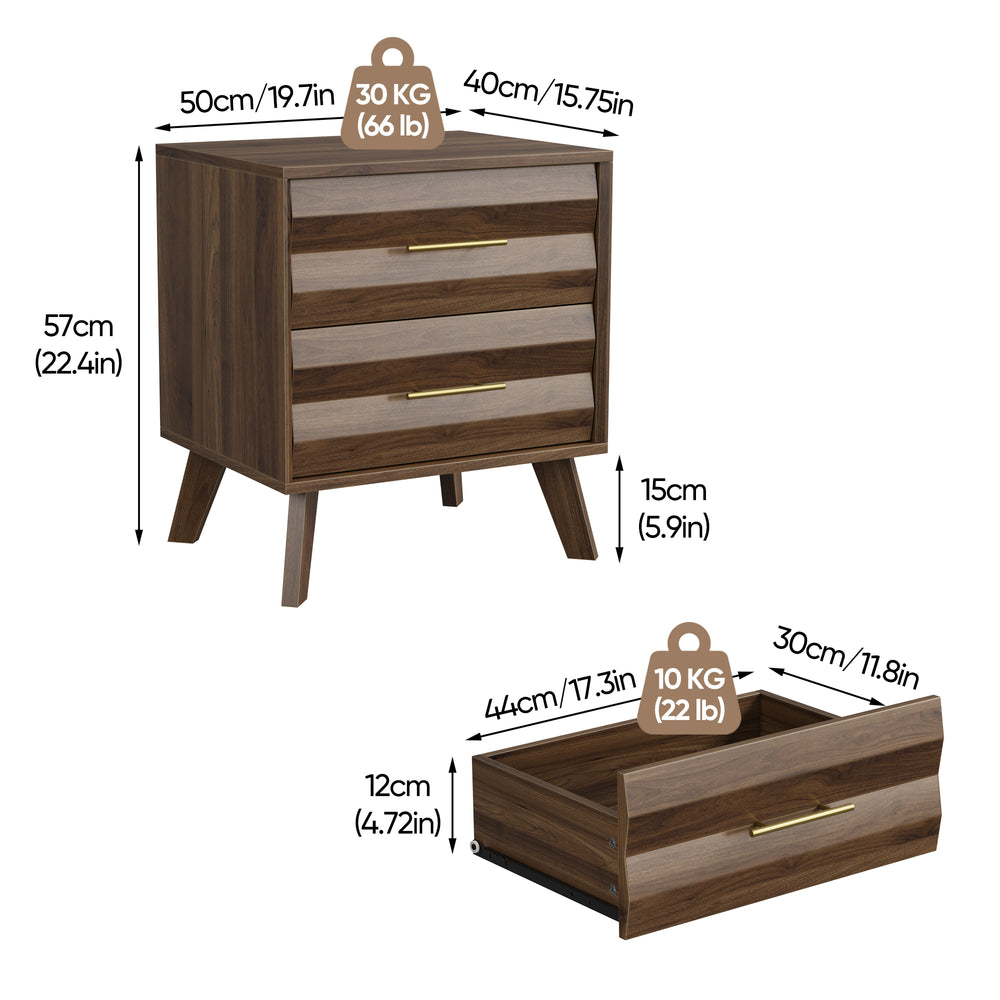 Walnut-Colored Two Drawer Nightstand with Pine Legs and Metal Hardware for Modern Bedrooms