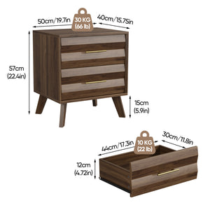 Walnut-Colored Two Drawer Nightstand with Pine Legs and Metal Hardware for Modern Bedrooms