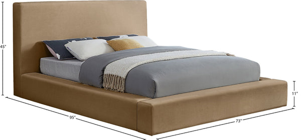 Meridian Furniture Dorian Queen Bed Low Profile Velvet Upholstered Frame with Slatted Support for Modern Bedrooms Beige DorianBeige-Q