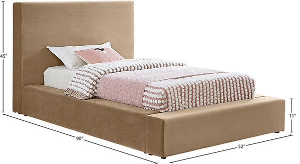 Meridian Furniture Dorian Velvet Twin Bed Low Profile Upholstered Frame and Headboard for Modern Bedrooms Beige DorianBeige-T