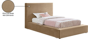 Meridian Furniture Dorian Velvet Twin Bed Low Profile Upholstered Frame and Headboard for Modern Bedrooms Beige DorianBeige-T