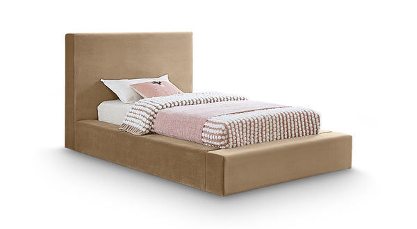 Meridian Furniture Dorian Velvet Twin Bed Low Profile Upholstered Frame and Headboard for Modern Bedrooms Beige DorianBeige-T