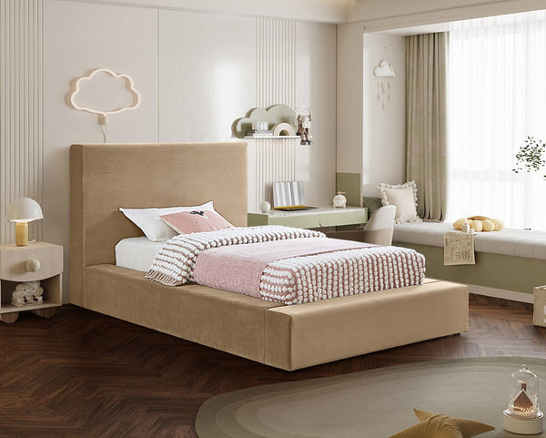 Meridian Furniture Dorian Velvet Twin Bed Low Profile Upholstered Frame and Headboard for Modern Bedrooms Beige DorianBeige-T