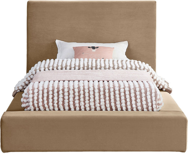 Meridian Furniture Dorian Velvet Twin Bed Low Profile Upholstered Frame and Headboard for Modern Bedrooms Beige DorianBeige-T