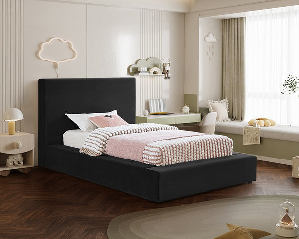 Meridian Furniture Dorian Velvet Twin Bed Low Profile Upholstered Frame and Headboard for Modern Bedrooms Black DorianBlack-T
