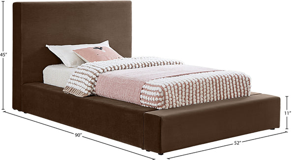 Meridian Furniture Dorian Velvet Twin Bed Low Profile Upholstered Frame and Headboard for Modern Bedrooms Brown DorianBrown-T