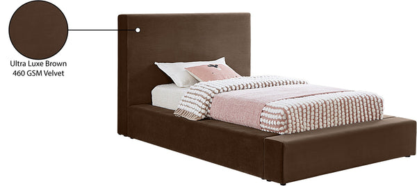Meridian Furniture Dorian Velvet Twin Bed Low Profile Upholstered Frame and Headboard for Modern Bedrooms Brown DorianBrown-T