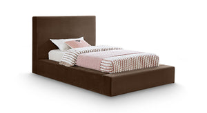 Meridian Furniture Dorian Velvet Twin Bed Low Profile Upholstered Frame and Headboard for Modern Bedrooms Brown DorianBrown-T