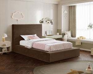 Meridian Furniture Dorian Velvet Twin Bed Low Profile Upholstered Frame and Headboard for Modern Bedrooms Brown DorianBrown-T