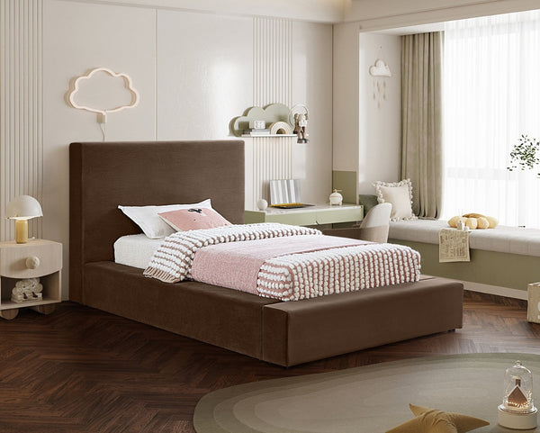 Meridian Furniture Dorian Velvet Twin Bed Low Profile Upholstered Frame and Headboard for Modern Bedrooms Brown DorianBrown-T