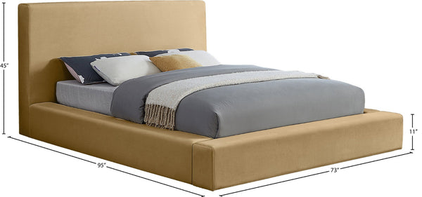Meridian Furniture Dorian Queen Bed Low Profile Velvet Upholstered Frame with Slatted Support for Modern Bedrooms Camel DorianCamel-Q