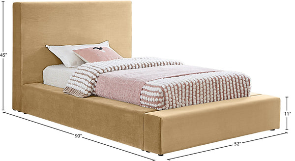 Meridian Furniture Dorian Velvet Twin Bed Low Profile Upholstered Frame and Headboard for Modern Bedrooms Camel DorianCamel-T
