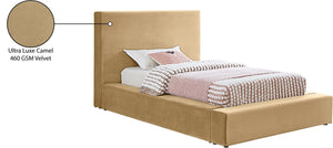 Meridian Furniture Dorian Velvet Twin Bed Low Profile Upholstered Frame and Headboard for Modern Bedrooms Camel DorianCamel-T