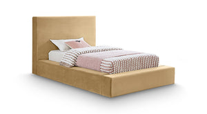 Meridian Furniture Dorian Velvet Twin Bed Low Profile Upholstered Frame and Headboard for Modern Bedrooms Camel DorianCamel-T