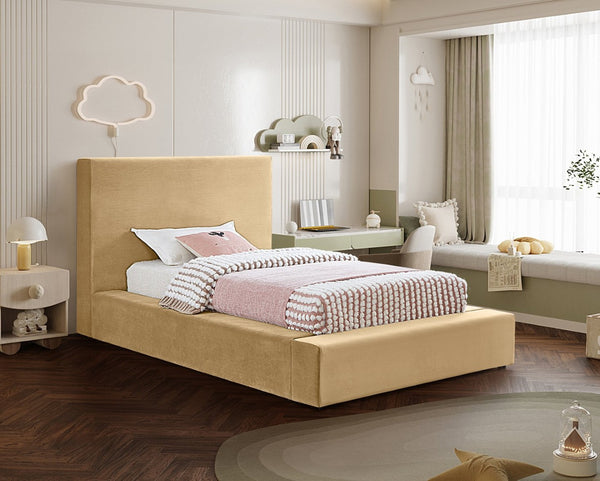 Meridian Furniture Dorian Velvet Twin Bed Low Profile Upholstered Frame and Headboard for Modern Bedrooms Camel DorianCamel-T