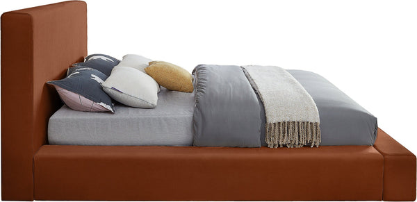 Meridian Furniture Dorian Queen Bed Low Profile Velvet Upholstered Frame with Slatted Support for Modern Bedrooms Cognac DorianCognac-Q