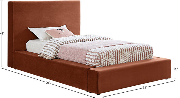 Meridian Furniture Dorian Velvet Twin Bed Low Profile Upholstered Frame and Headboard for Modern Bedrooms Cognac DorianCognac-T