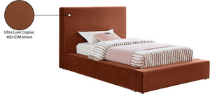 Meridian Furniture Dorian Velvet Twin Bed Low Profile Upholstered Frame and Headboard for Modern Bedrooms Cognac DorianCognac-T