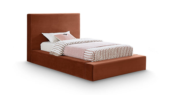 Meridian Furniture Dorian Velvet Twin Bed Low Profile Upholstered Frame and Headboard for Modern Bedrooms Cognac DorianCognac-T