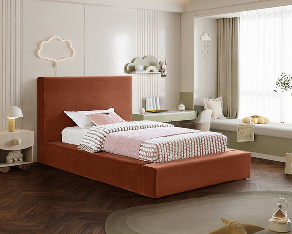 Meridian Furniture Dorian Velvet Twin Bed Low Profile Upholstered Frame and Headboard for Modern Bedrooms Cognac DorianCognac-T