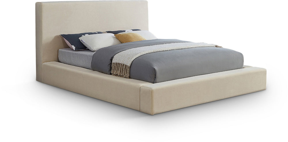 Meridian Furniture Dorian Low Profile King Bed Upholstered Velvet Panel Headboard for Modern Bedroom Decor Cream DorianCream-K