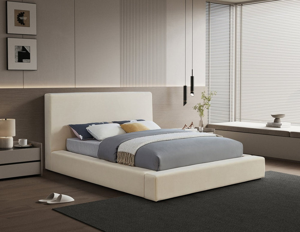 Meridian Furniture Dorian Low Profile King Bed Upholstered Velvet Panel Headboard for Modern Bedroom Decor Cream DorianCream-K