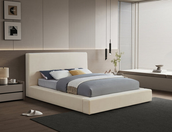 Meridian Furniture Dorian Queen Bed Low Profile Velvet Upholstered Frame with Slatted Support for Modern Bedrooms Cream DorianCream-Q