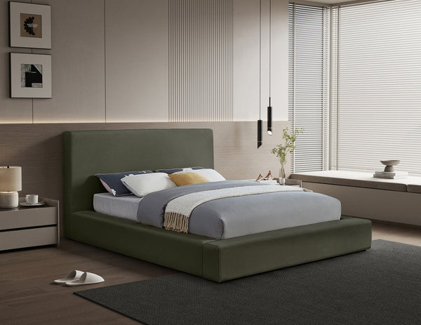 Meridian Furniture Dorian Queen Bed Low Profile Velvet Upholstered Frame with Slatted Support for Modern Bedrooms Green DorianGreen-Q