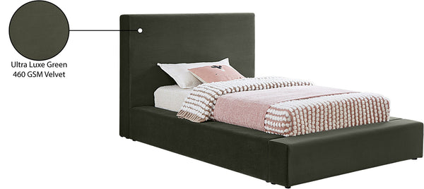 Meridian Furniture Dorian Velvet Twin Bed Low Profile Upholstered Frame and Headboard for Modern Bedrooms Green DorianGreen-T