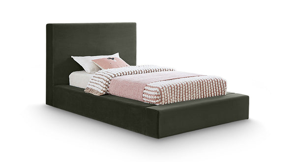 Meridian Furniture Dorian Velvet Twin Bed Low Profile Upholstered Frame and Headboard for Modern Bedrooms Green DorianGreen-T