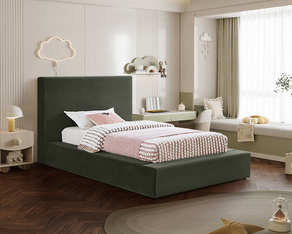 Meridian Furniture Dorian Velvet Twin Bed Low Profile Upholstered Frame and Headboard for Modern Bedrooms Green DorianGreen-T