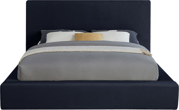 Meridian Furniture Dorian Low Profile King Bed Upholstered Velvet Panel Headboard for Modern Bedroom Decor Navy DorianNavy-K