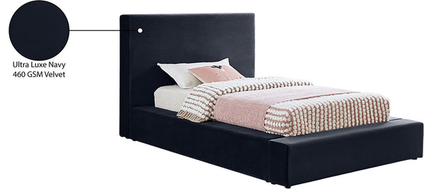 Meridian Furniture Dorian Velvet Twin Bed Low Profile Upholstered Frame and Headboard for Modern Bedrooms Navy DorianNavy-T