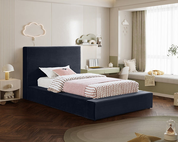 Meridian Furniture Dorian Velvet Twin Bed Low Profile Upholstered Frame and Headboard for Modern Bedrooms Navy DorianNavy-T
