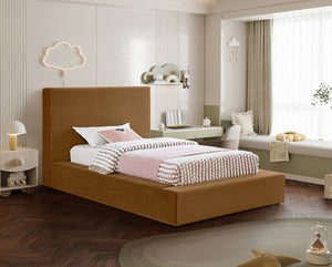 Meridian Furniture Dorian Velvet Twin Bed Low Profile Upholstered Frame and Headboard for Modern Bedrooms Saddle DorianSaddle-T