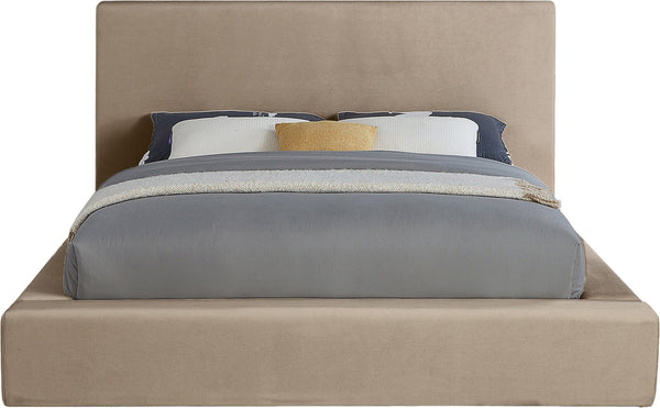 Meridian Furniture Dorian Low Profile King Bed Upholstered Velvet Panel Headboard for Modern Bedroom Decor Taupe DorianTaupe-K